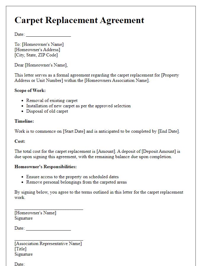 Letter template of carpet replacement agreement for homeowners association.