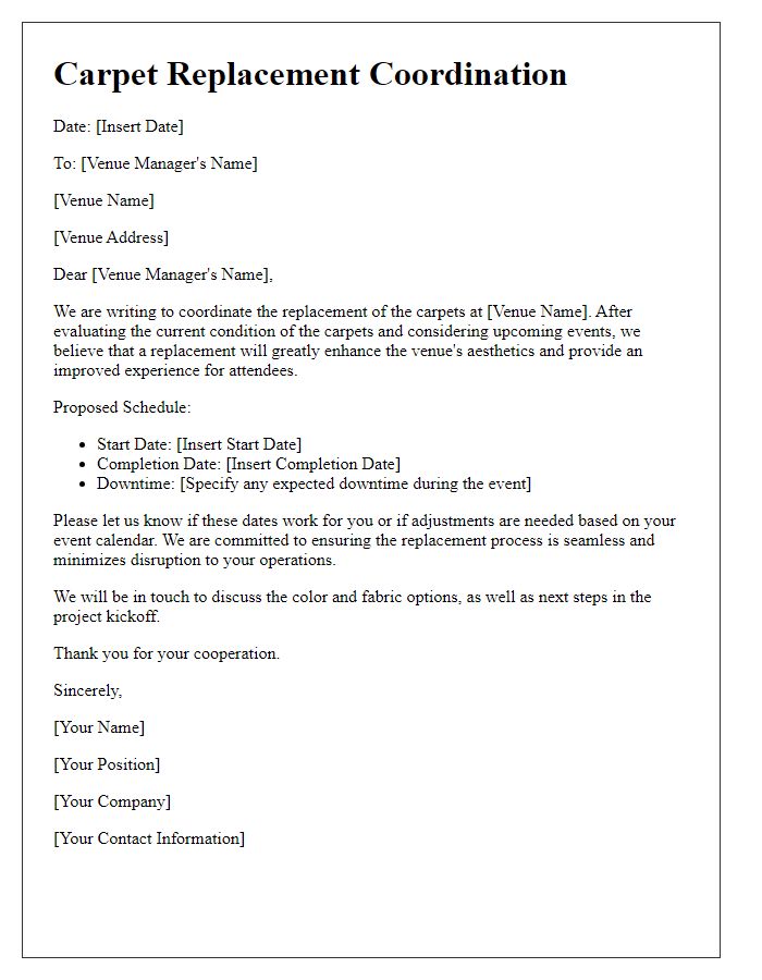 Letter template of carpet replacement coordination for event venues.