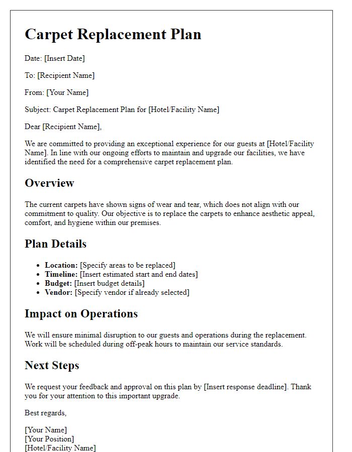 Letter template of carpet replacement plan for hospitality industry.