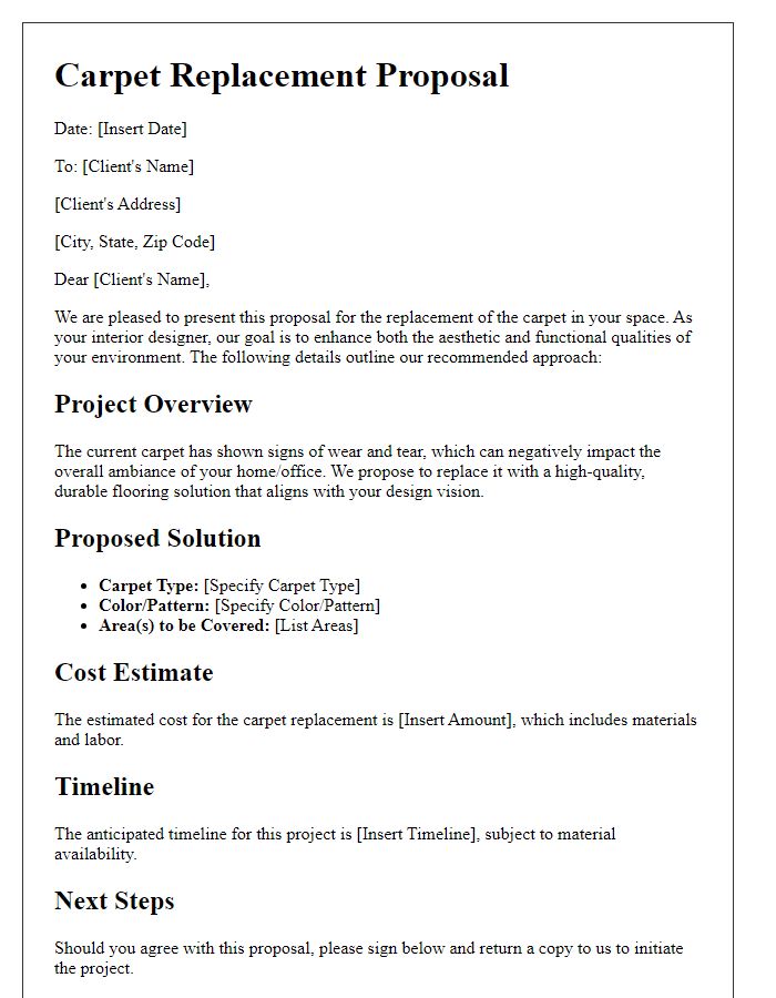 Letter template of carpet replacement proposal for interior designers.