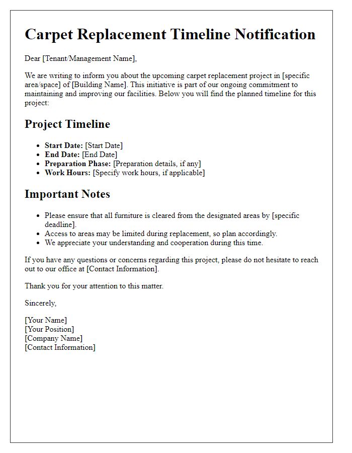 Letter template of carpet replacement timeline for commercial buildings.