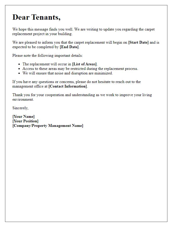 Letter template of carpet replacement update for tenants.