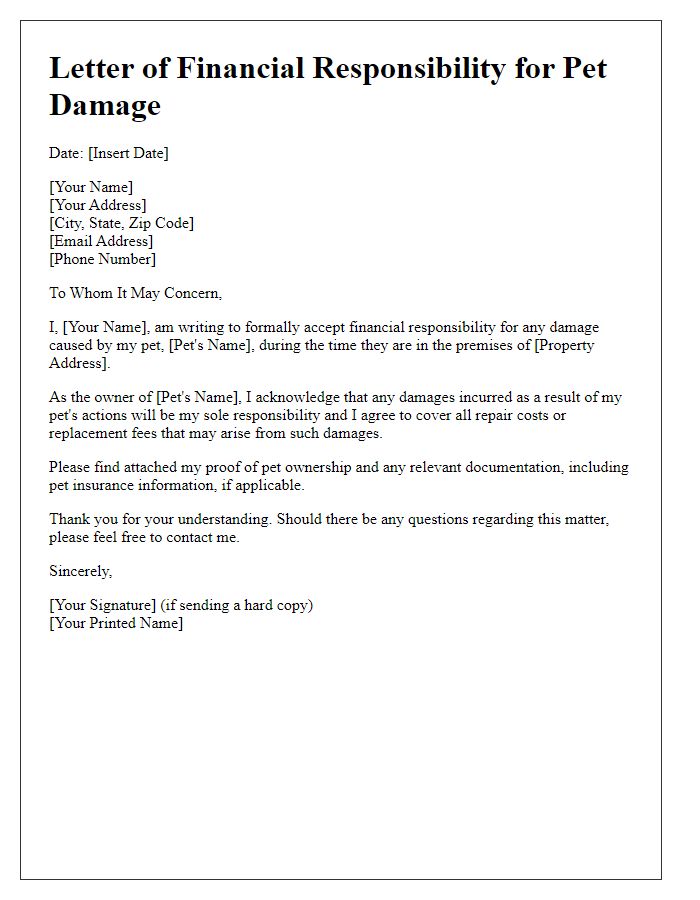 Letter template of financial responsibility for pet damage.