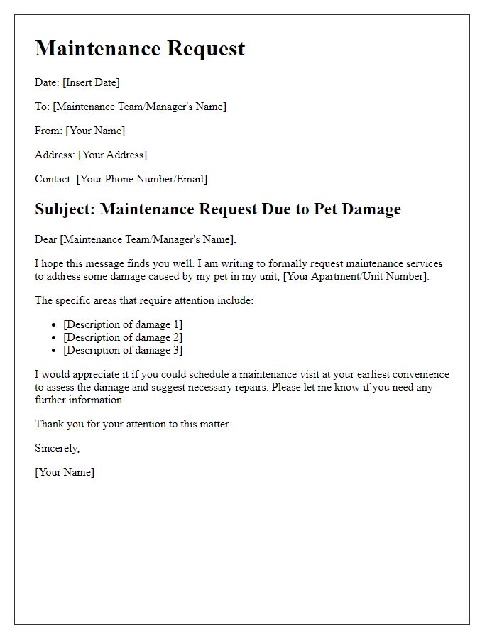 Letter template of maintenance request for pet damage.