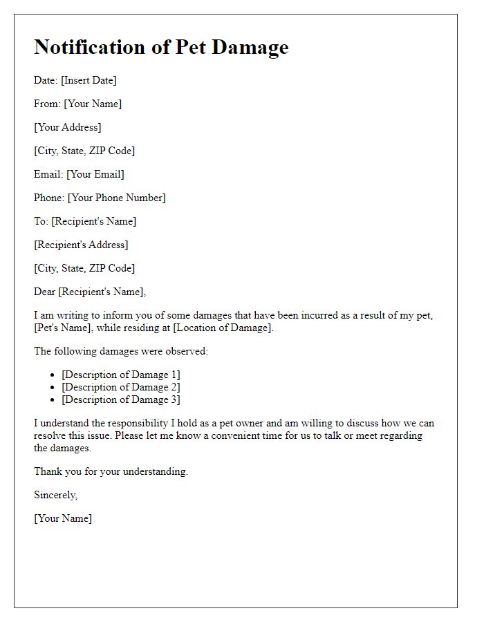 Letter template of notification for pet damages incurred.