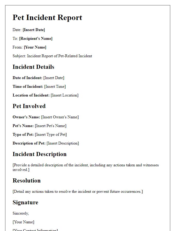 Letter template of pet-related incident report.