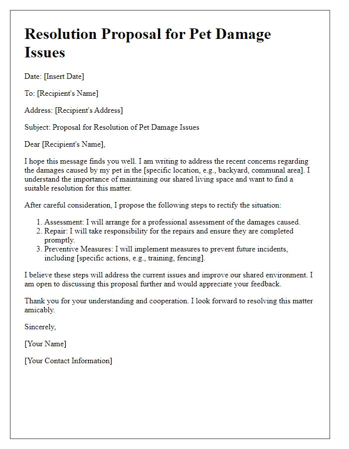 Letter template of resolution proposal for pet damage issues.