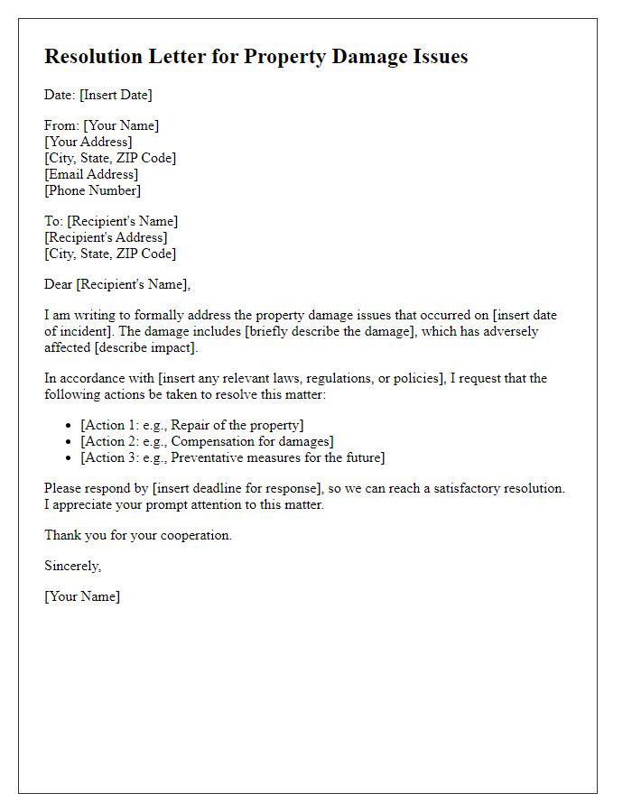 Letter template of resolution for property damage issues