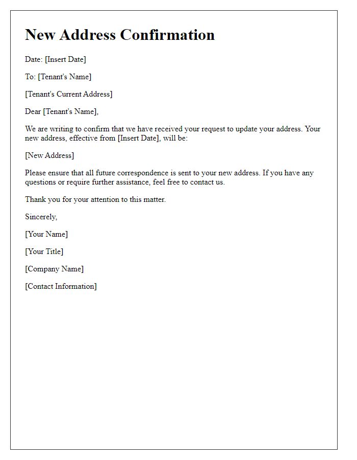 Letter template of new address confirmation for tenant