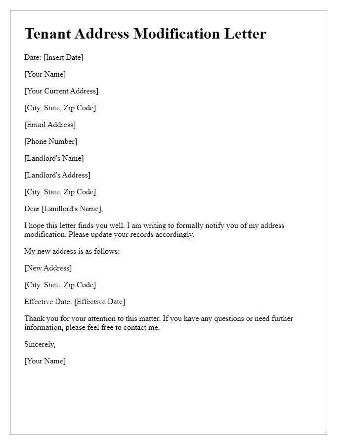 Letter template of tenant address modification letter