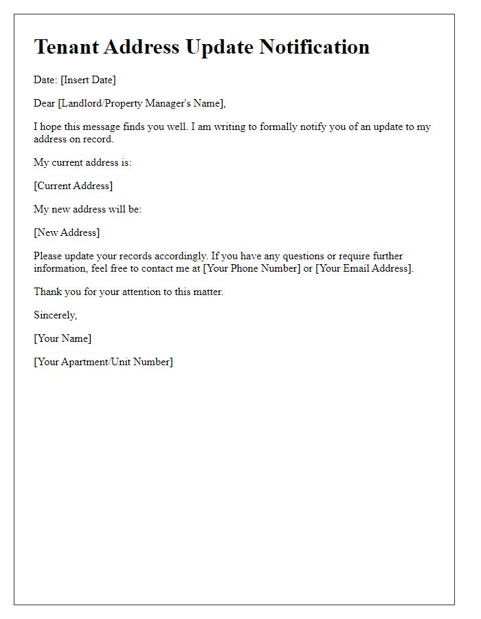 Letter template of tenant address update notification