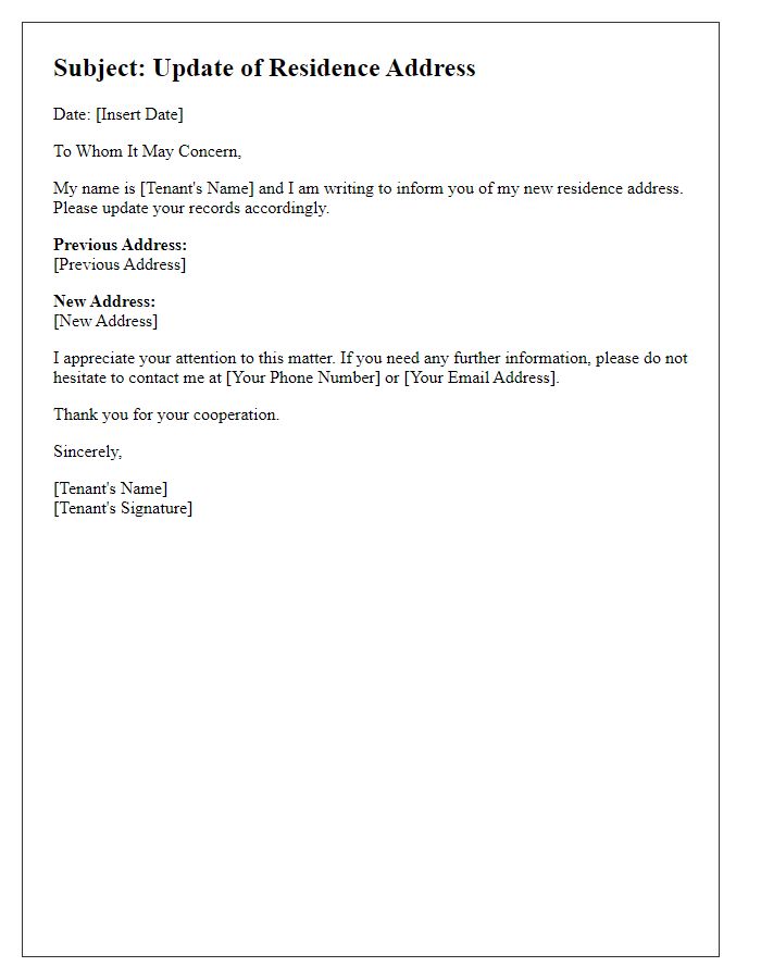 Letter template of tenant new residence address update