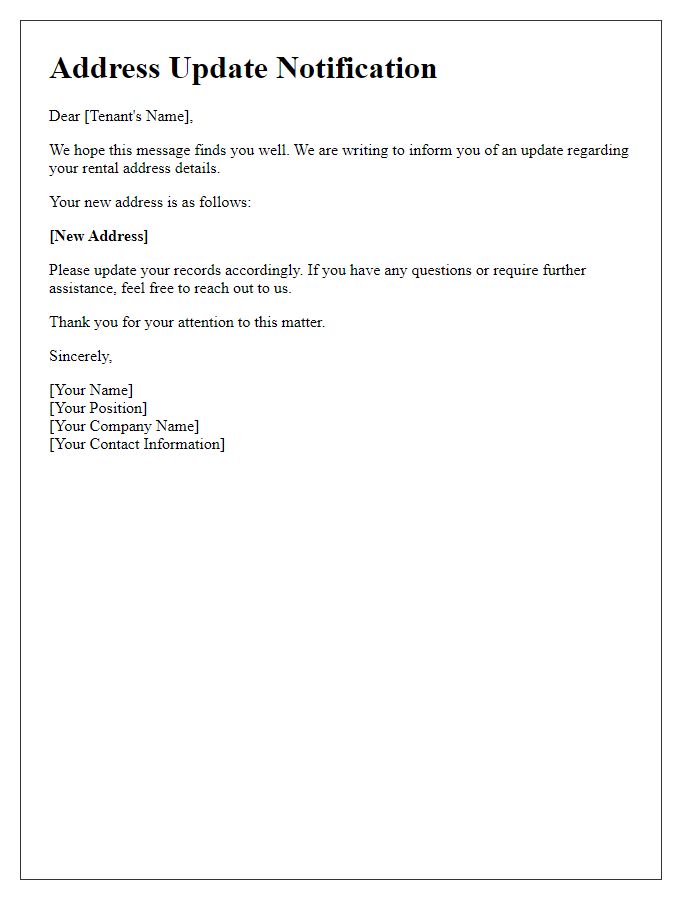 Letter template of updated address details for tenant