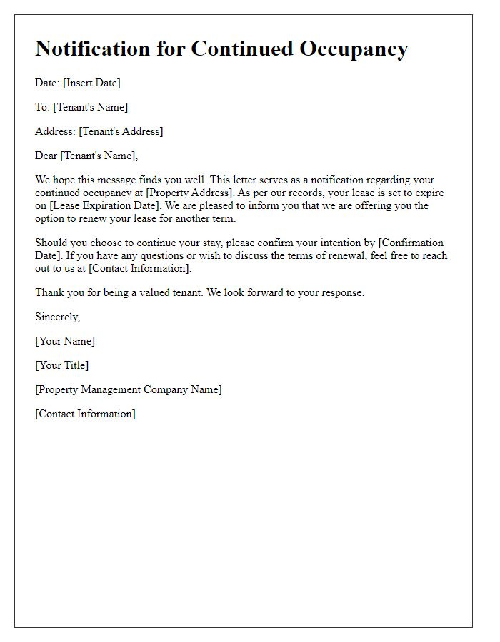 Letter template of notification for continued occupancy