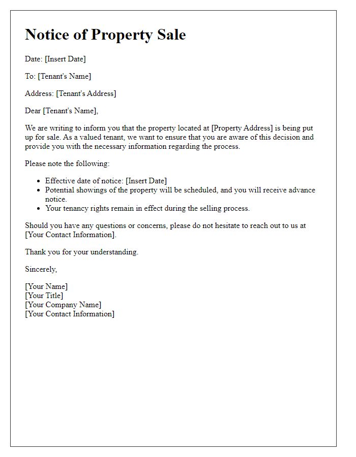 Letter template of Notice for Property Sale to Tenant