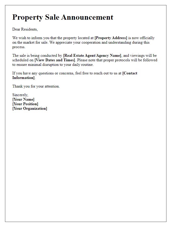 Letter template of Property Sale Announcement for Occupants