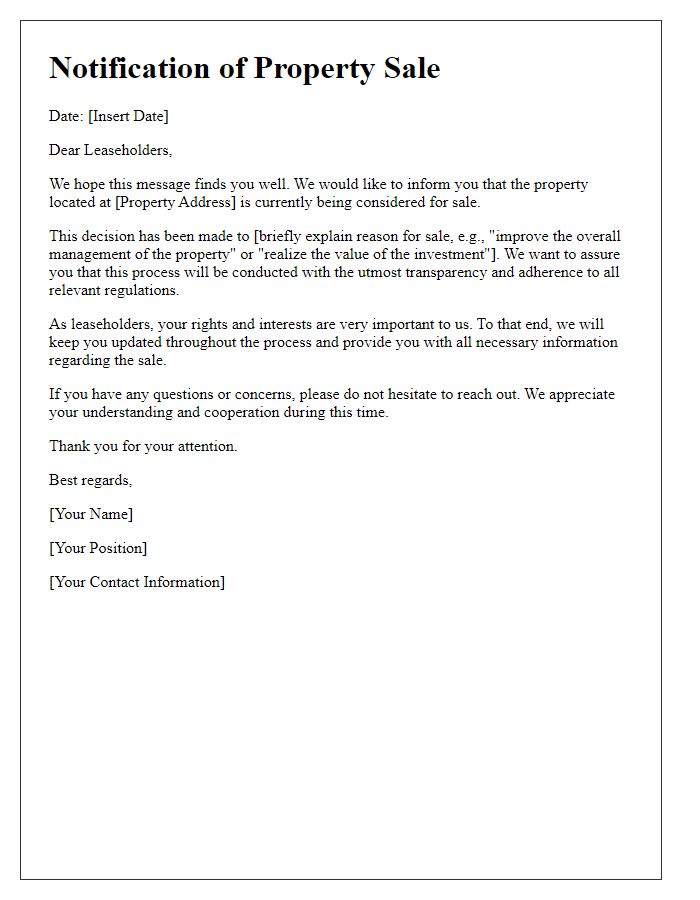 Letter template of Property Sale Communication to Leaseholders