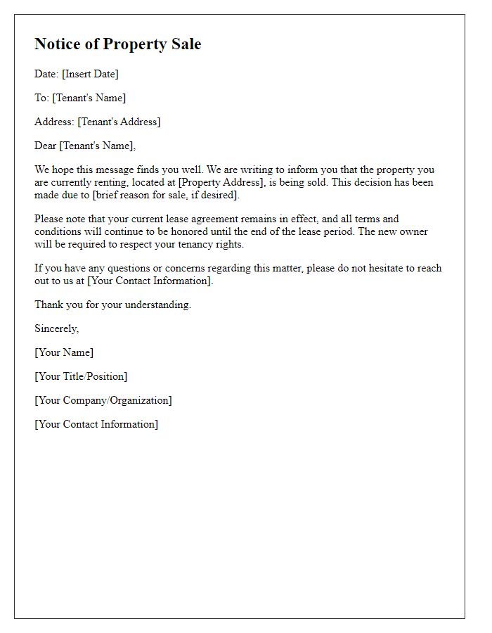 Letter template of Renters Notification regarding Property Sale