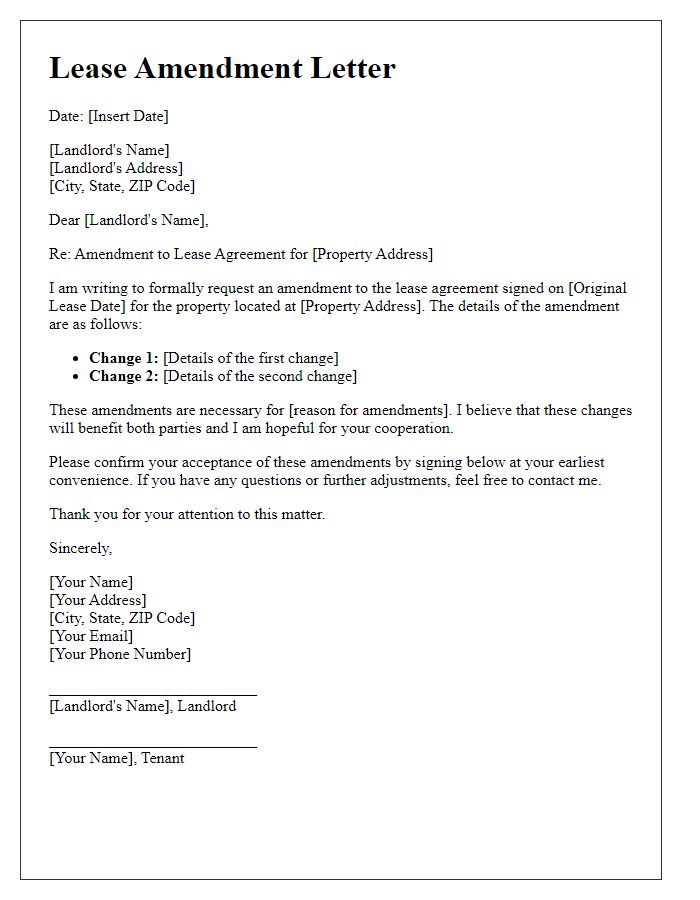 Letter template of amendment for lease signing details.