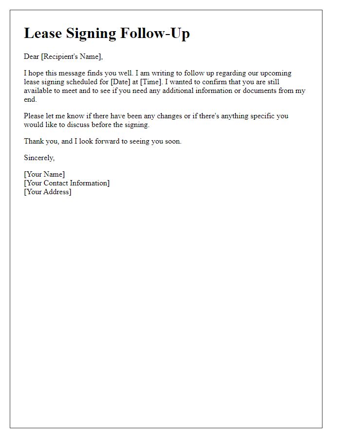 Letter template of follow-up for upcoming lease signing.