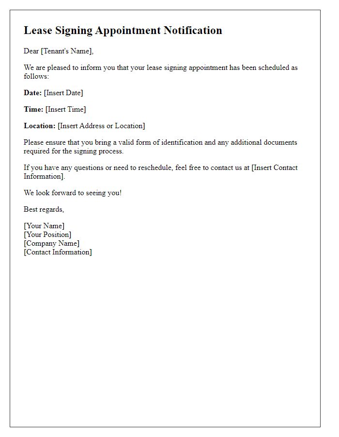 Letter template of information regarding lease signing time.