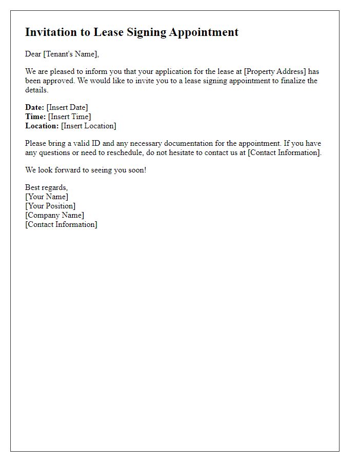 Letter template of invitation to lease signing appointment.