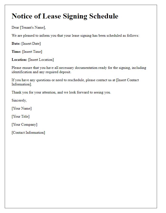 Letter template of notice for lease signing schedule.