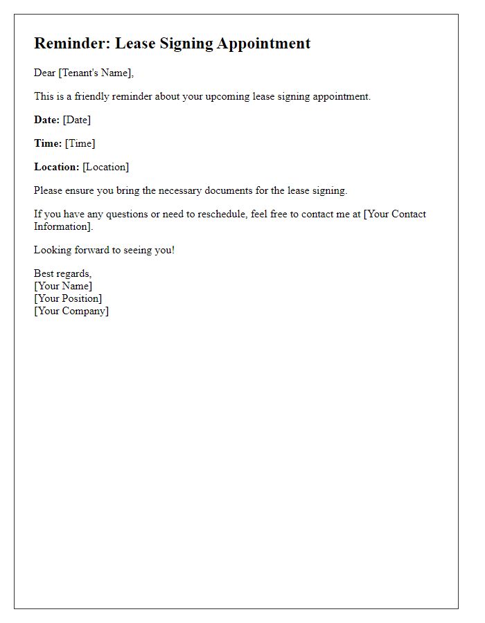 Letter template of reminder for lease signing appointment.