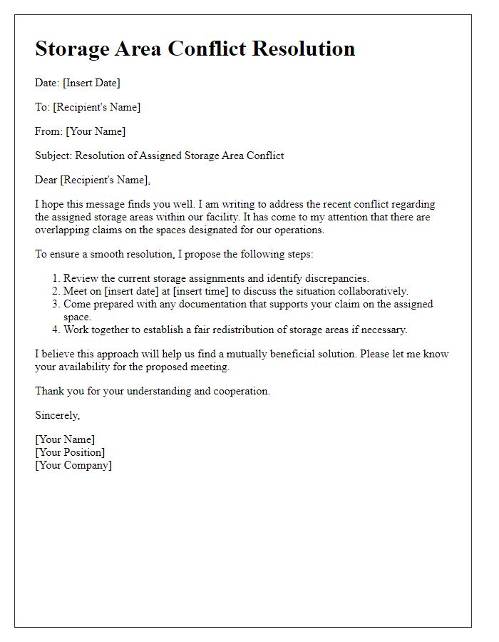 Letter template of assigned storage area conflict resolution