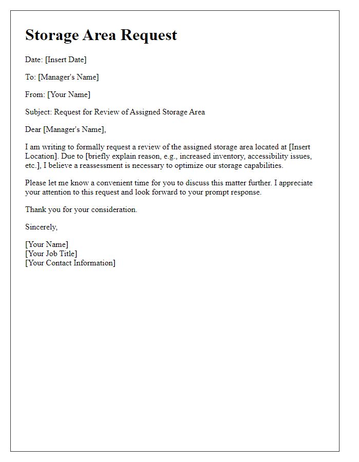 Letter template of assigned storage area request for review