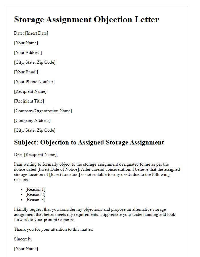 Letter template of assigned storage assignment objection