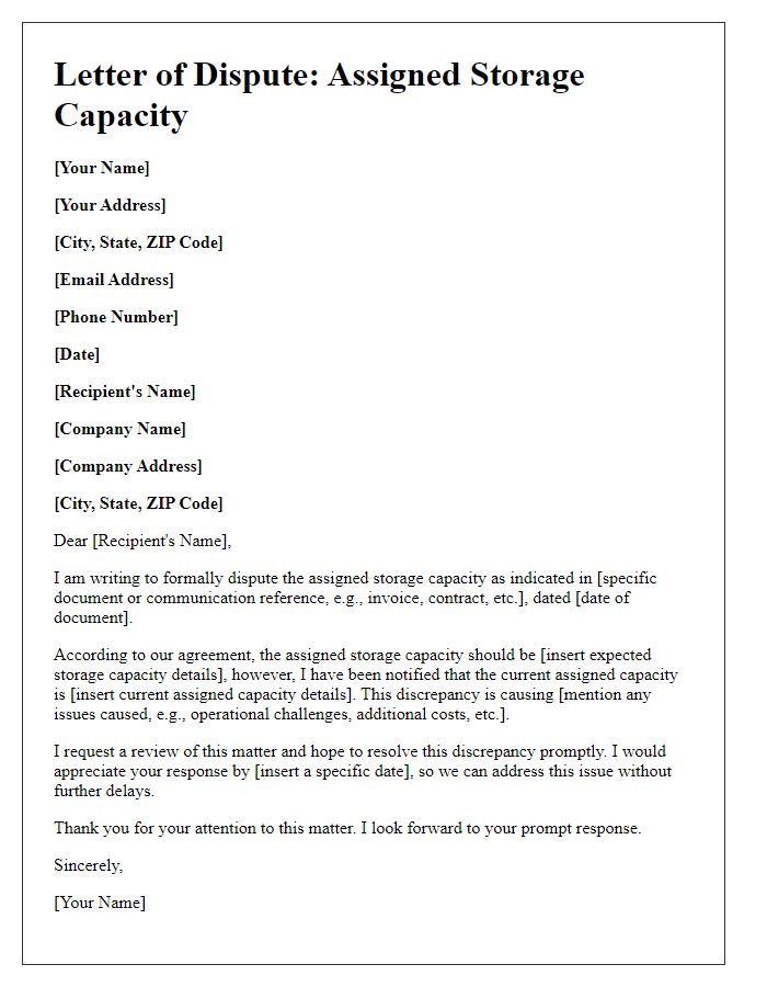 Letter template of assigned storage capacity dispute