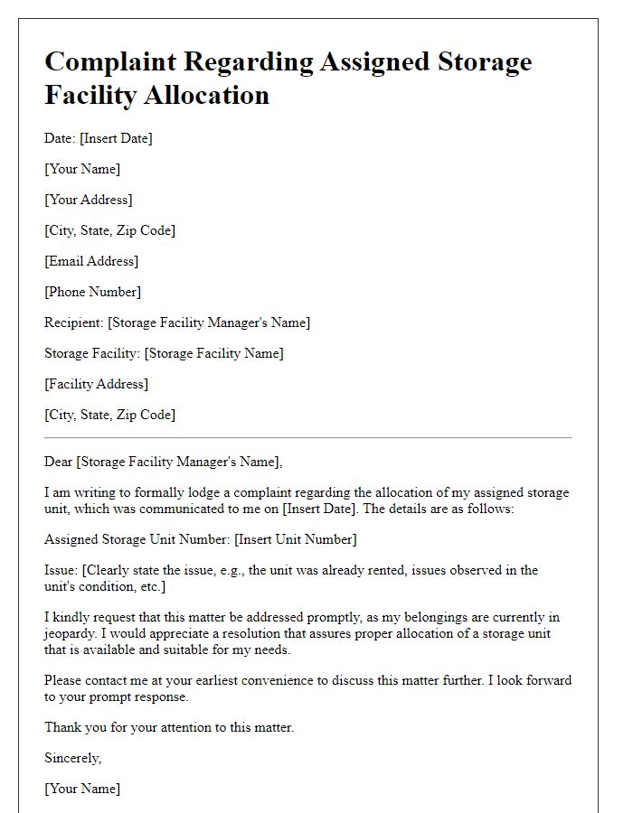 Letter template of assigned storage facility allocation complaint