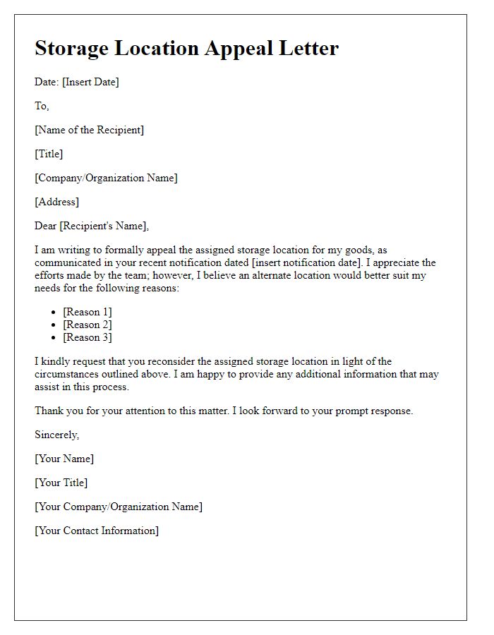 Letter template of assigned storage location appeal