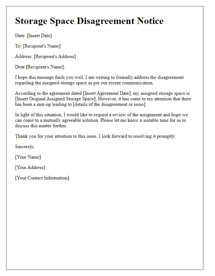 Letter template of assigned storage space disagreement notice