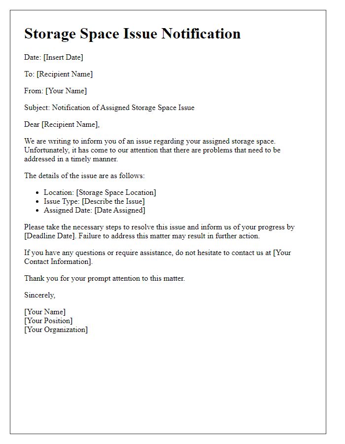 Letter template of assigned storage space issue notification