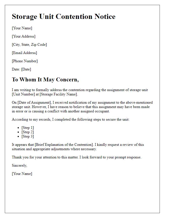 Letter template of assigned storage unit contention