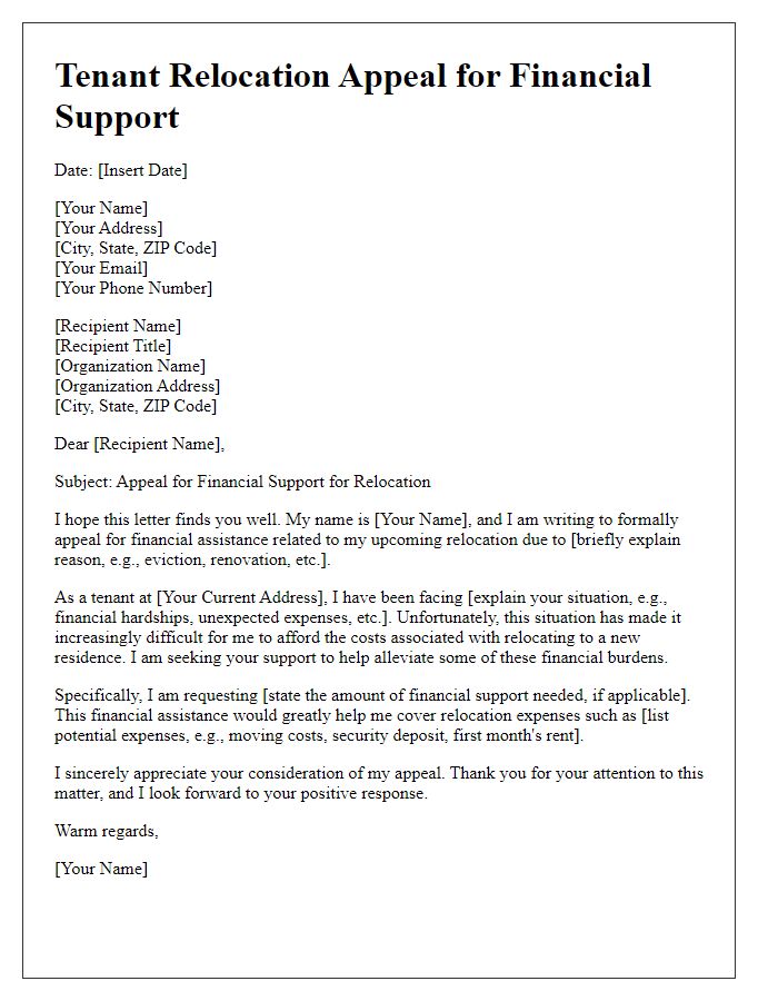 Letter template of tenant relocation appeal for financial support