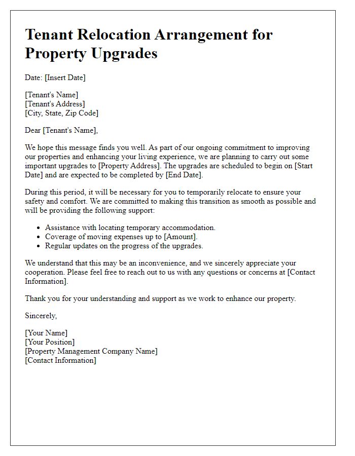 Letter template of tenant relocation arrangement for property upgrades