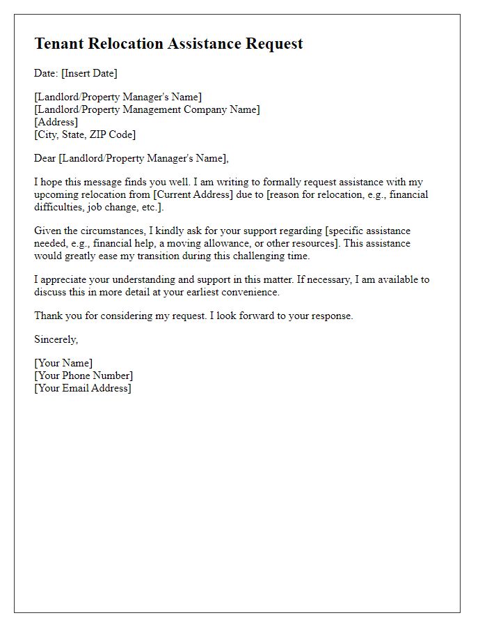 Letter template of tenant relocation request for assistance