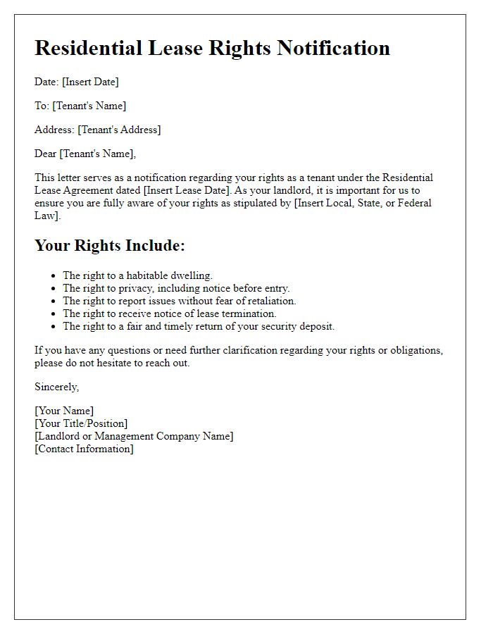 Letter template of Residential Lease Rights Notification