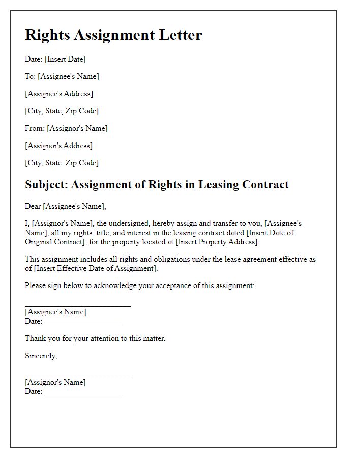 Letter template of Rights Assignment in Leasing Contracts