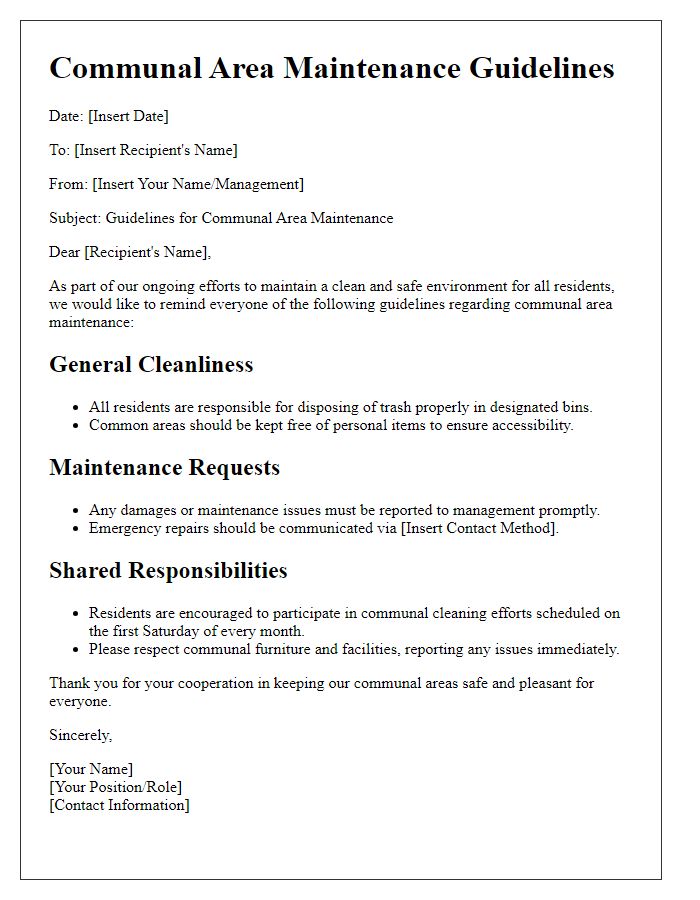 Letter template of communal area maintenance guidelines