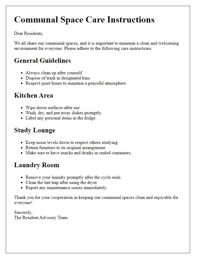 Letter template of communal space care instructions