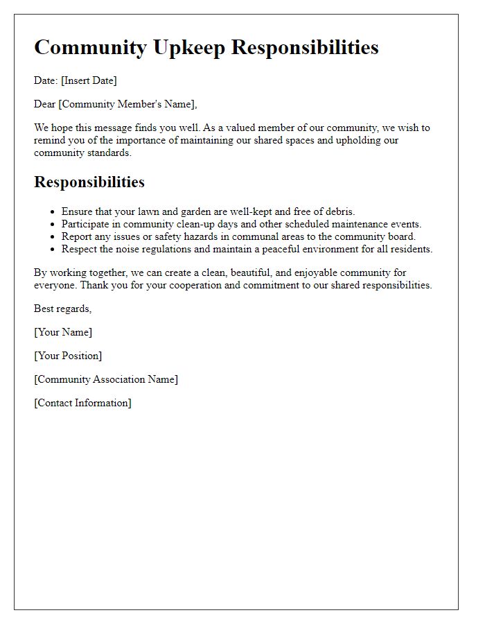 Letter template of community upkeep responsibilities