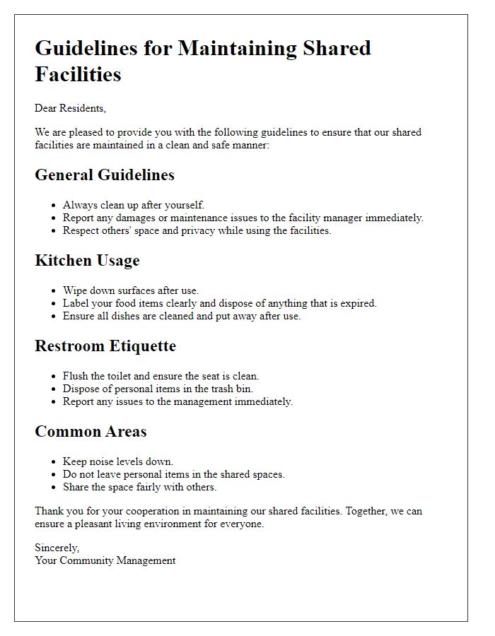 Letter template of guidelines for maintaining shared facilities