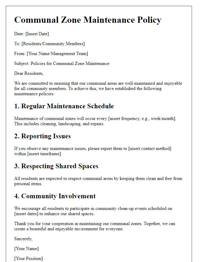 Letter template of policies for communal zone maintenance