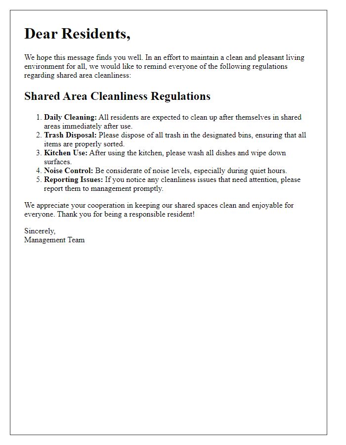 Letter template of regulations for shared area cleanliness