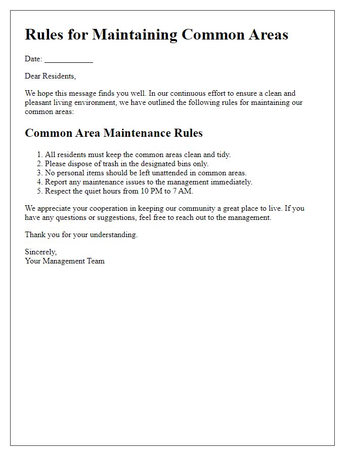 Letter template of rules for maintaining common areas