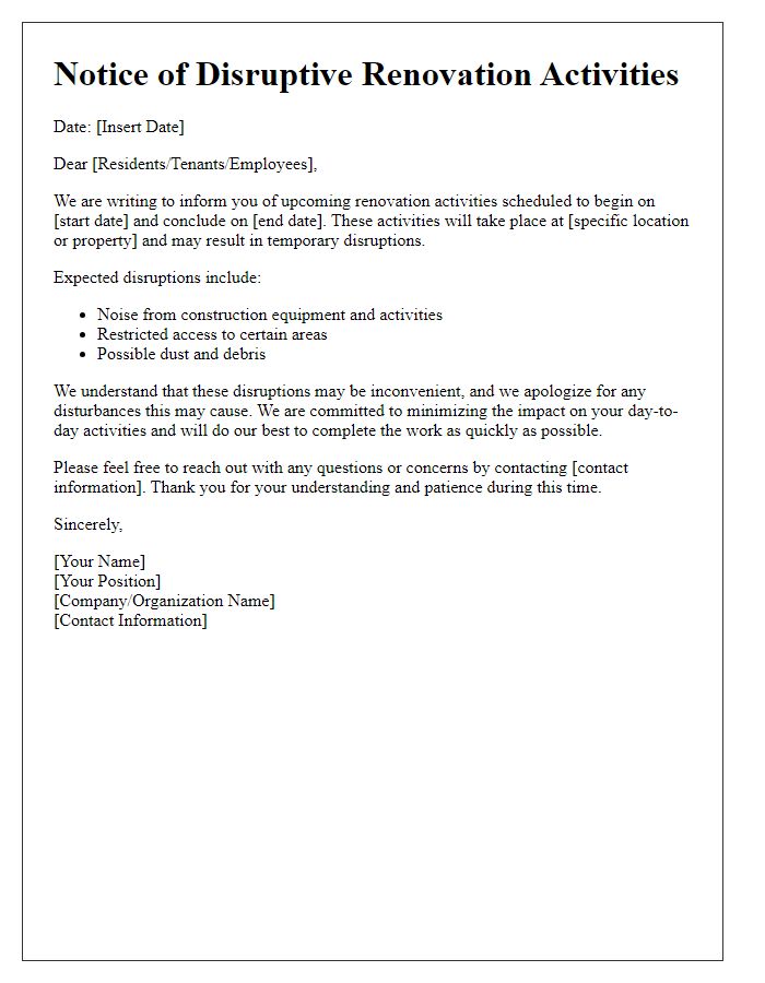 Letter template of advance notice for disruptive renovation activities